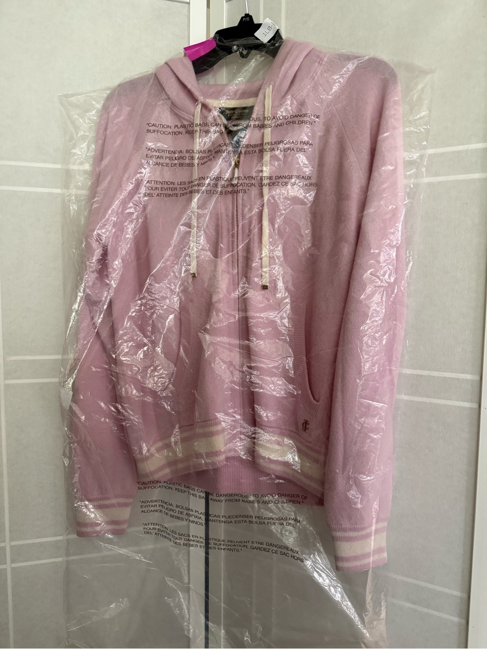 Juicy Couture Light Pink Hooded Zip Sweater with Stripe Trim